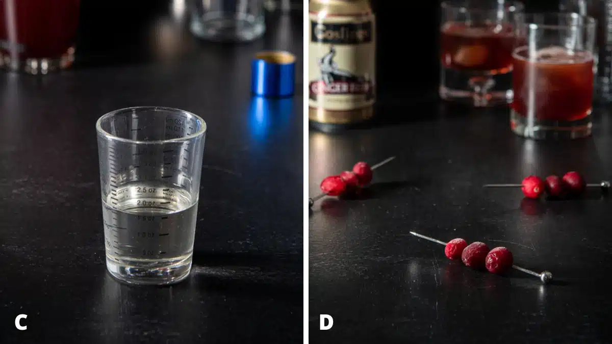 Simple syrup measured out and cranberries put on martini picks