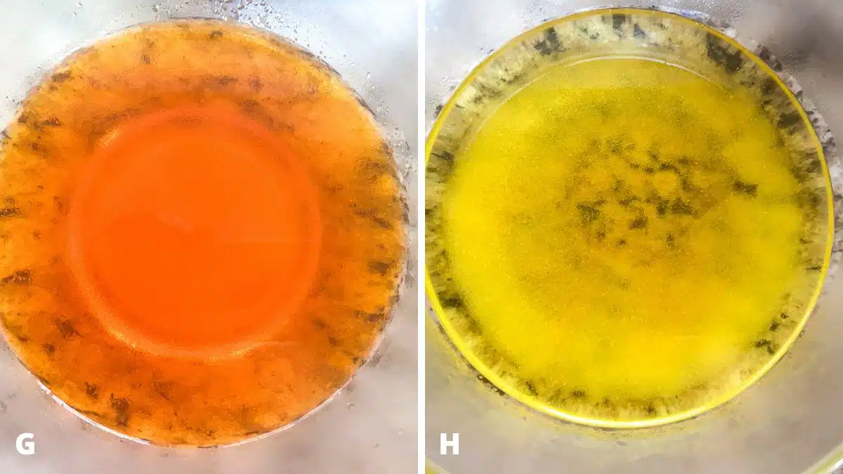 Hot water poured into the orange jello and yellow jello