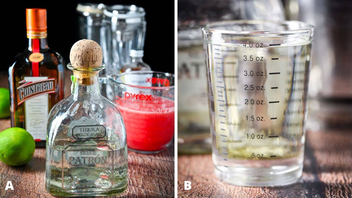 Left - tequila, watermelon juice, limes, Cointreau and simple syrup on a table. Right - tequila measured out