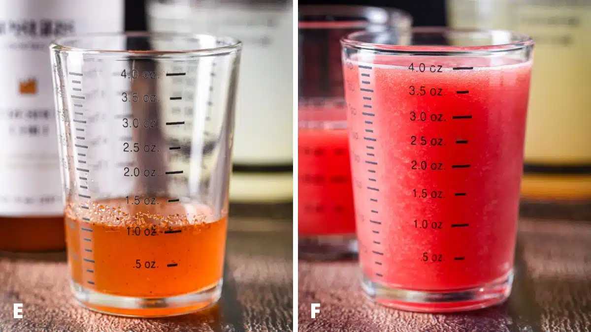 Chile simple syrup and watermelon juice measured out