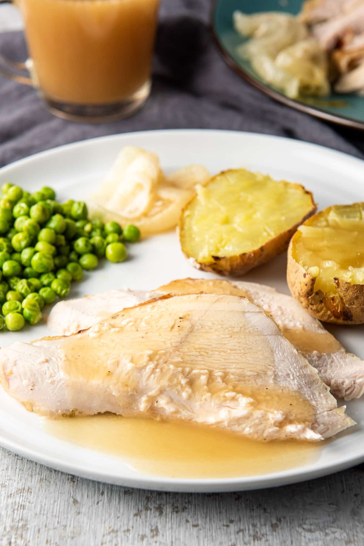 Close view of the turkey on a plate with vegetables