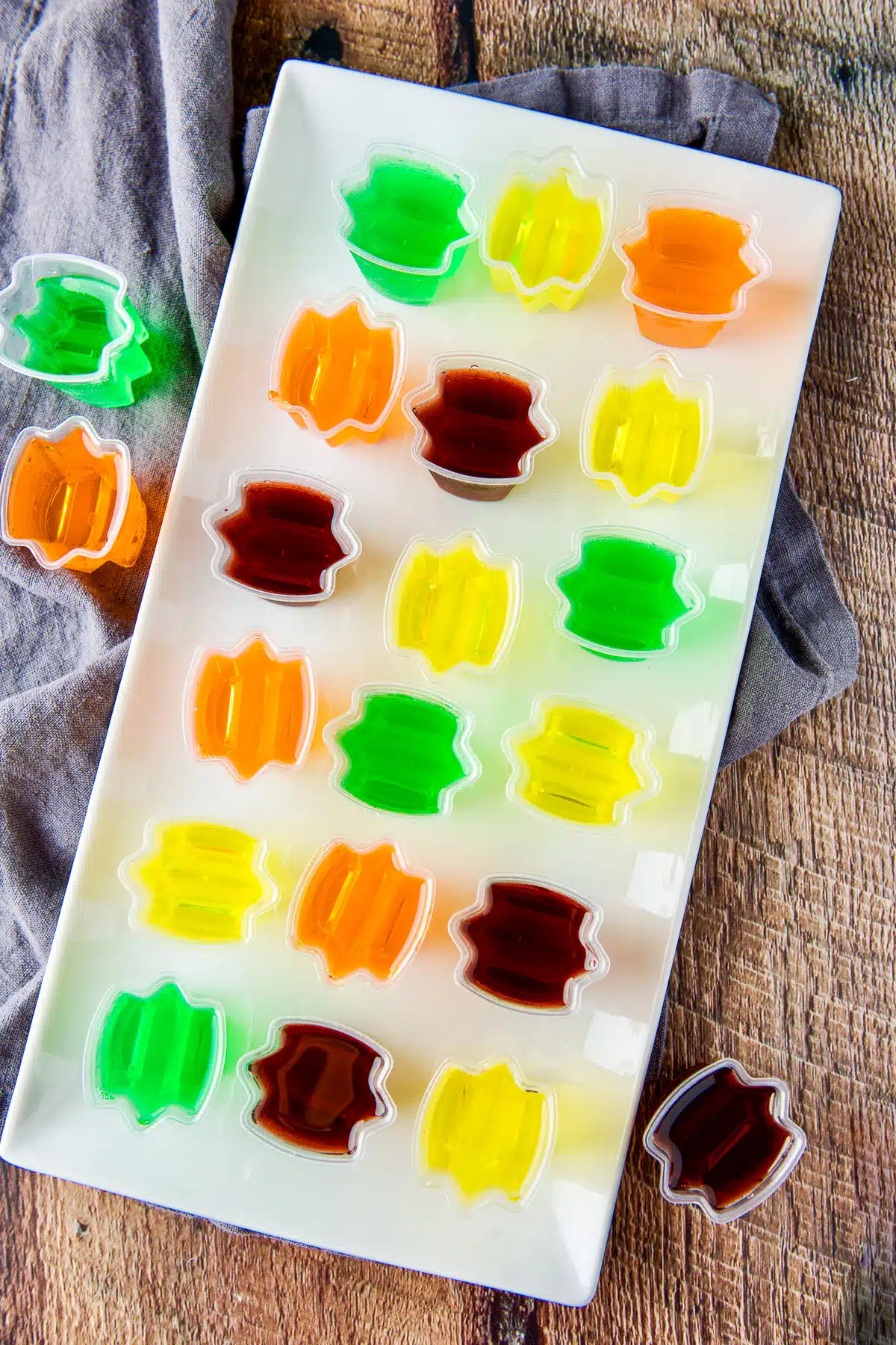 Overhead view of the platter of colored jello in cups