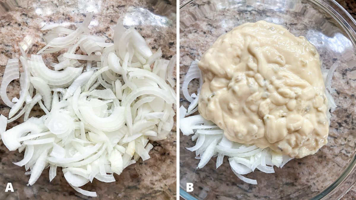 onions in a class bowl and soup added on top