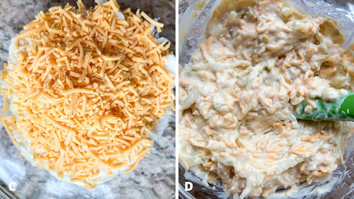 cheddar cheese added to the soup mixture and then mixed together