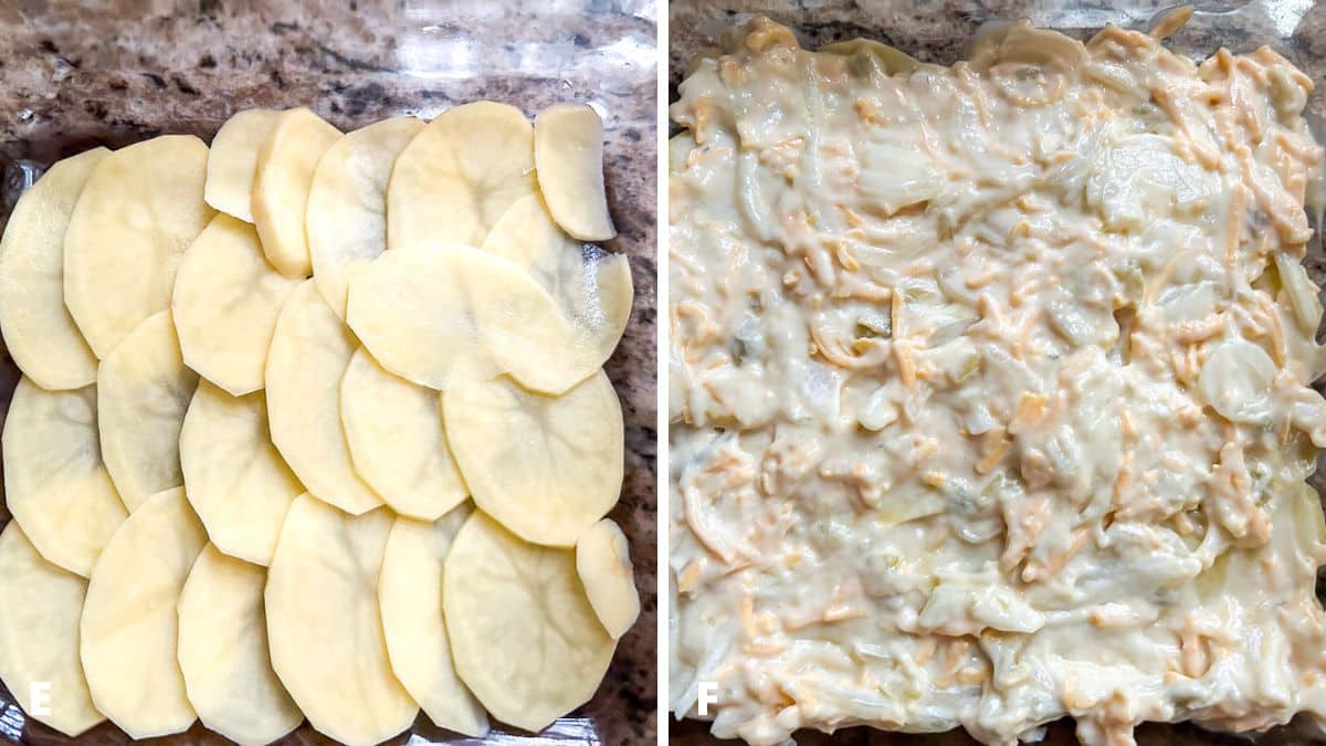 sliced potatoes layed in the bottom of a glass dish - with the soup mixture spread on top