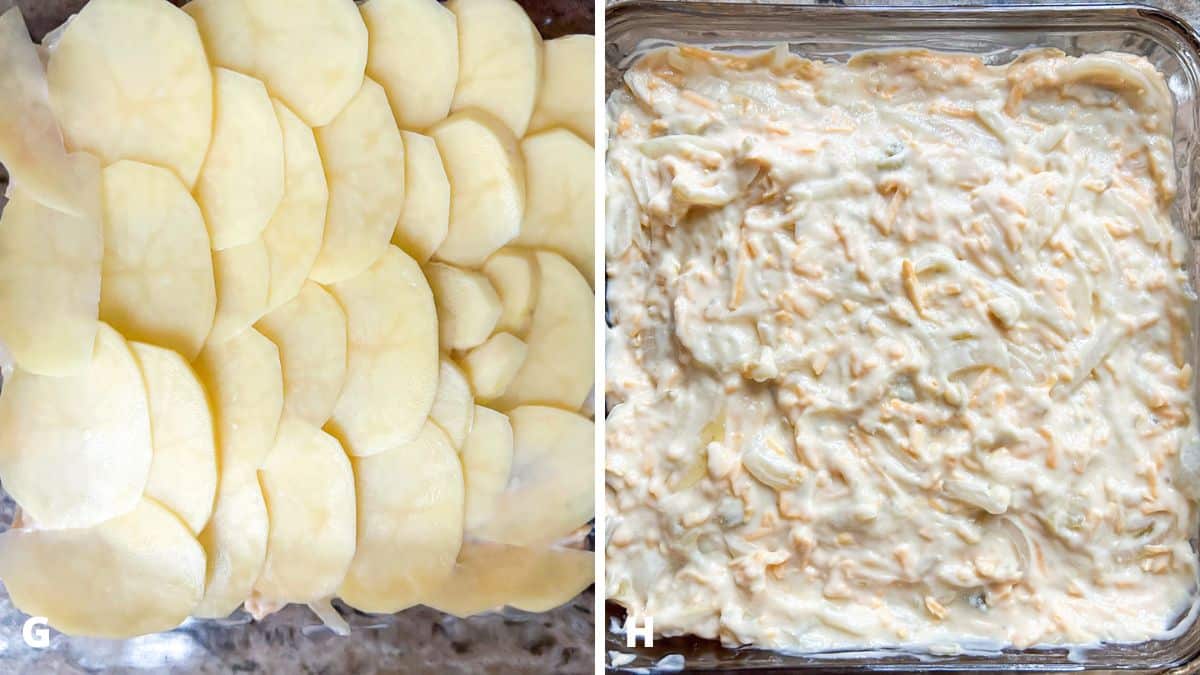 potatoes laid on the layers and the last soup mixture layer on top