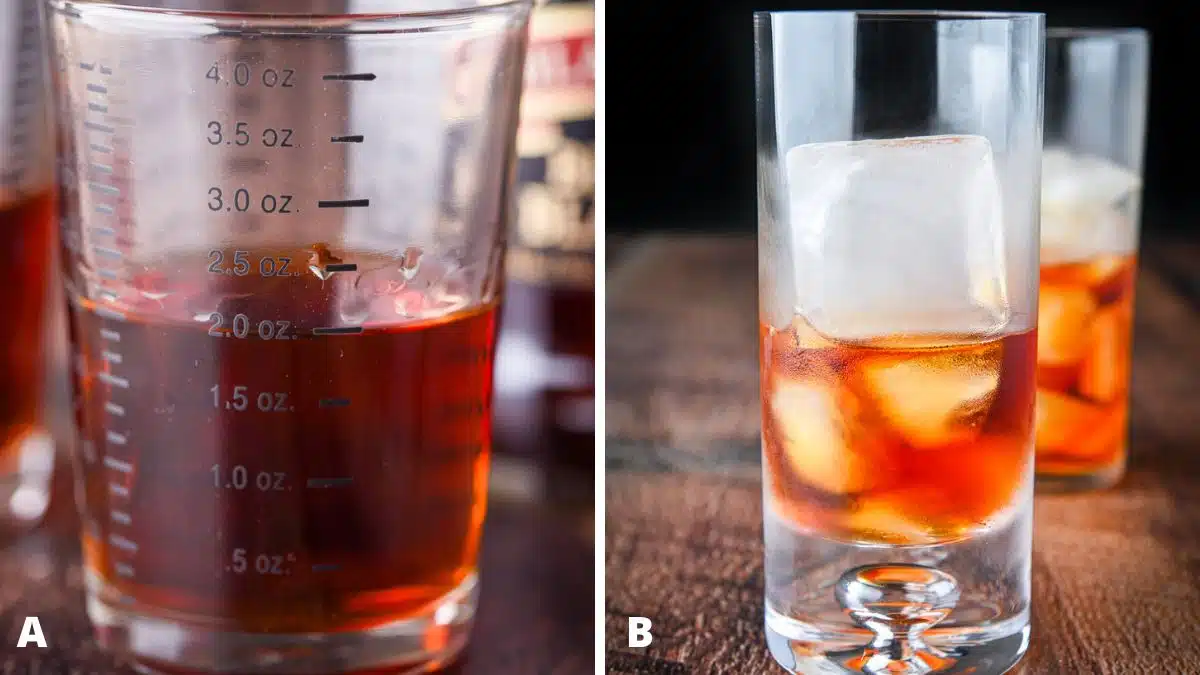 Measure out 4 ounces of rum and pour it into the ice-filled glasses