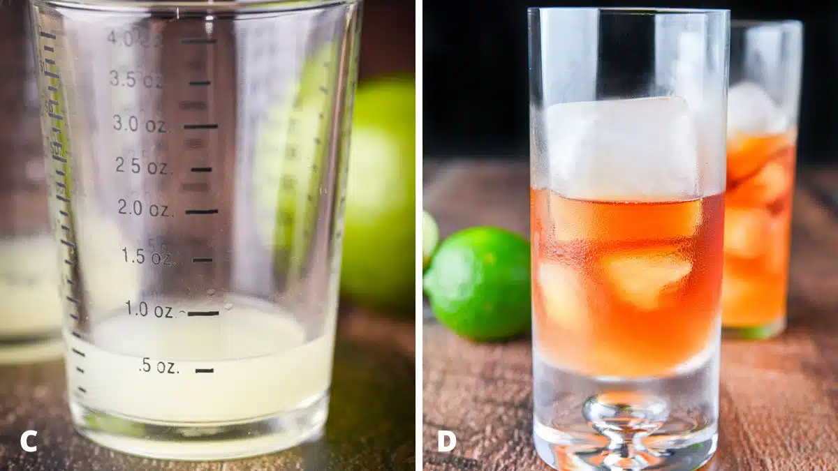 Measure out 1 ounce of fresh squeezed lime and pour it into the ice-filled glasses