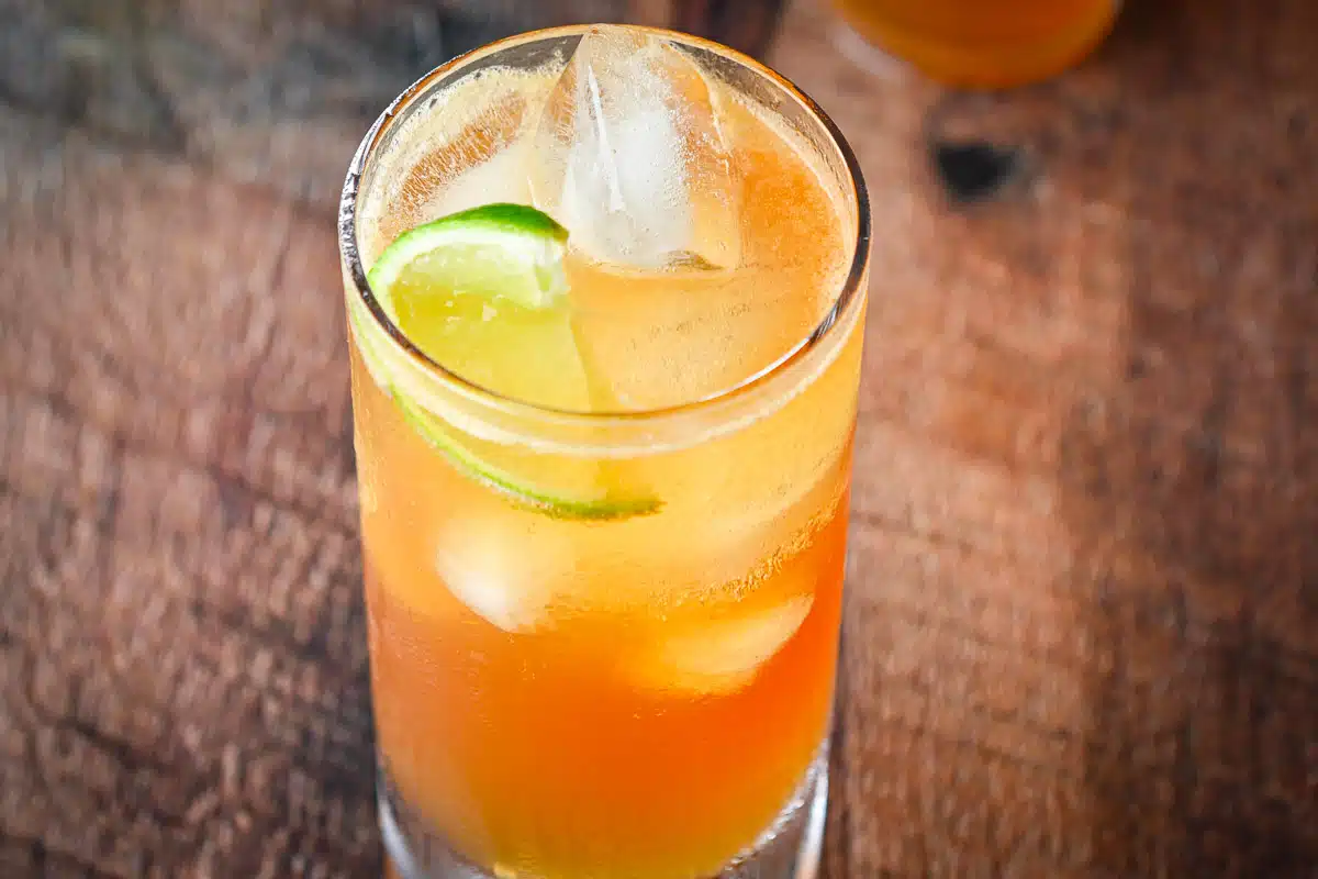horizontal view of the dark and stormy cocktail with a piece of lime
