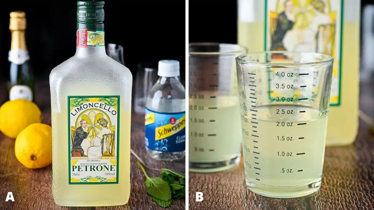 Left - limoncello, club soda, champagne, lemons, and mint on a table. Right - limoncello measured out
