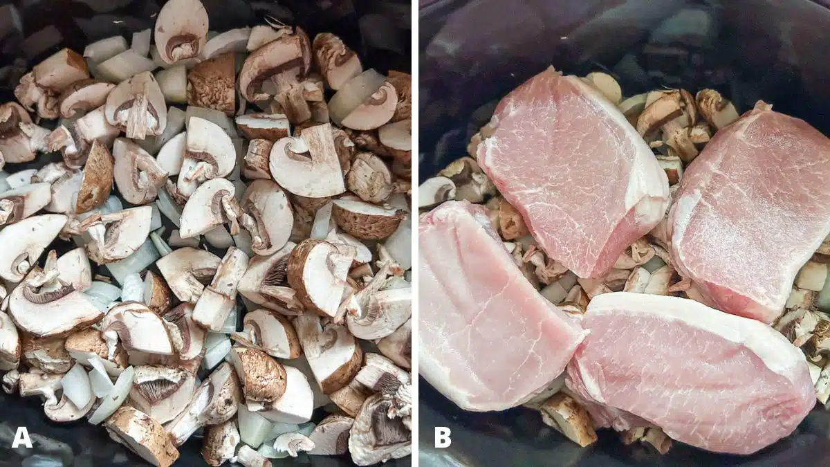 mushrooms and onions in a slow cooker container and pork chops on top