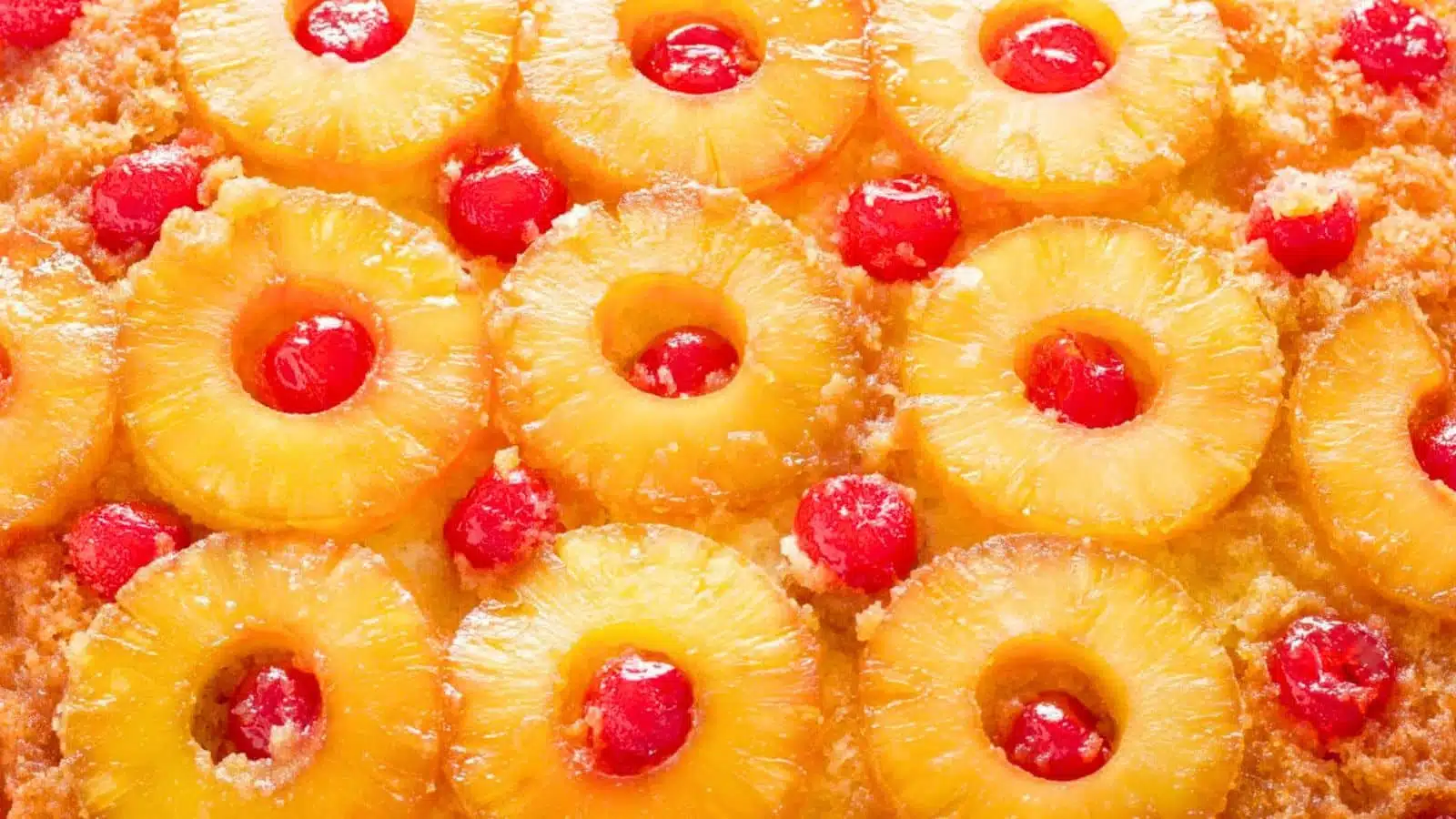 pineapple slices with cherries in and around them on a cake