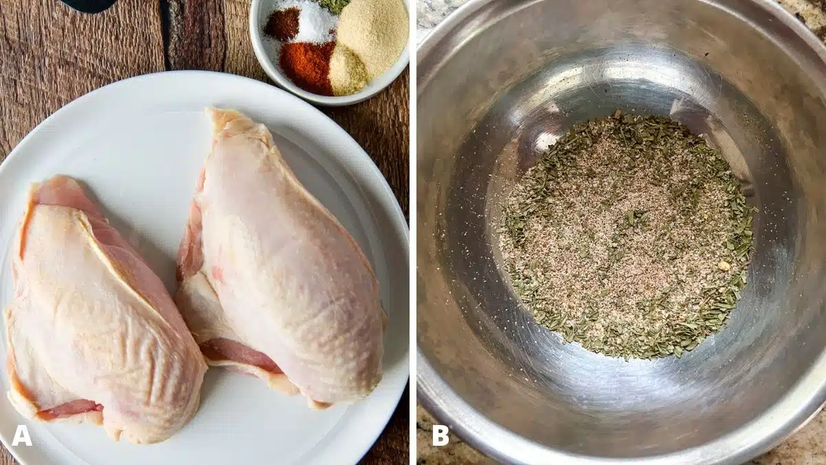 Left - two chicken breasts on a plate with herbs on a separate plate. Right - a metal bowl with the herbs and spices mixed