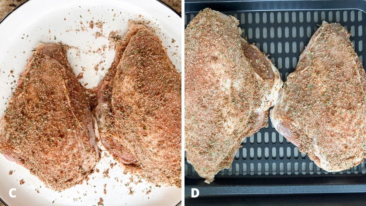 The chicken breasts with the herbs and spices on it on a plate and then placed on an air fryer tray