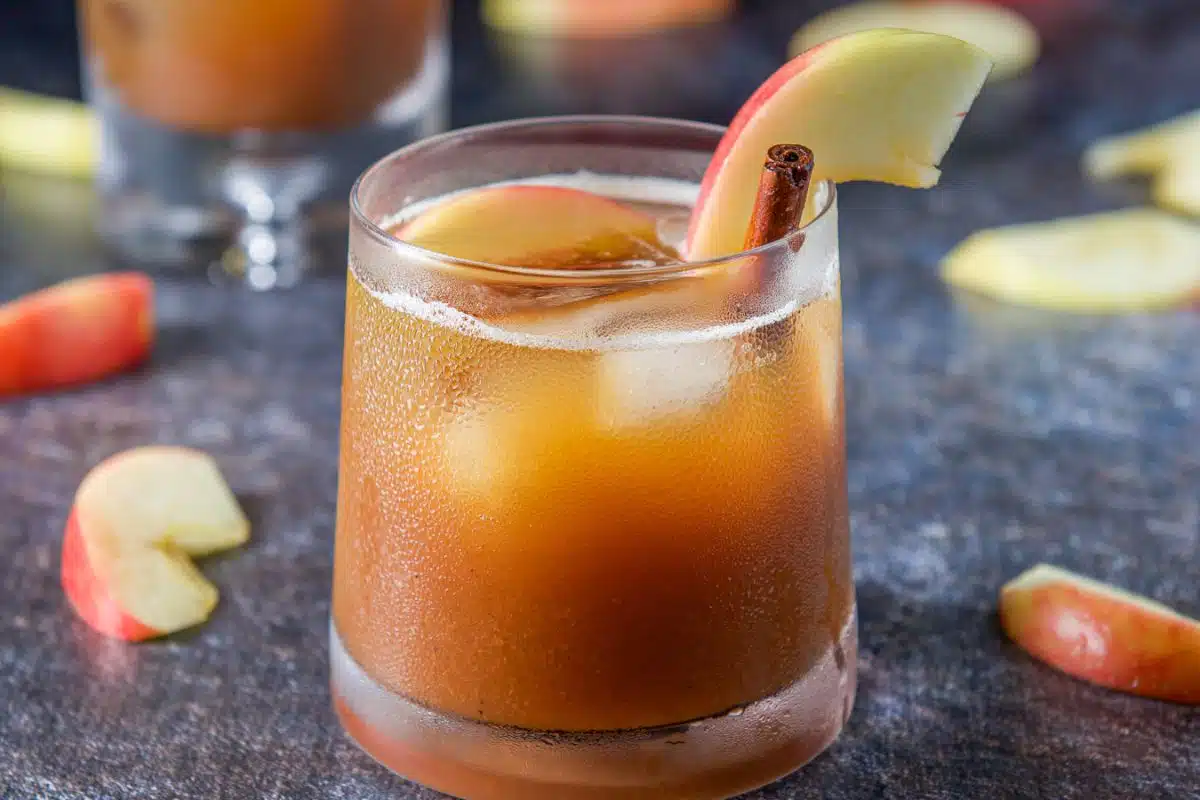 A short glass with the apple cider drink it it along with a cinnamon stick and apple slices