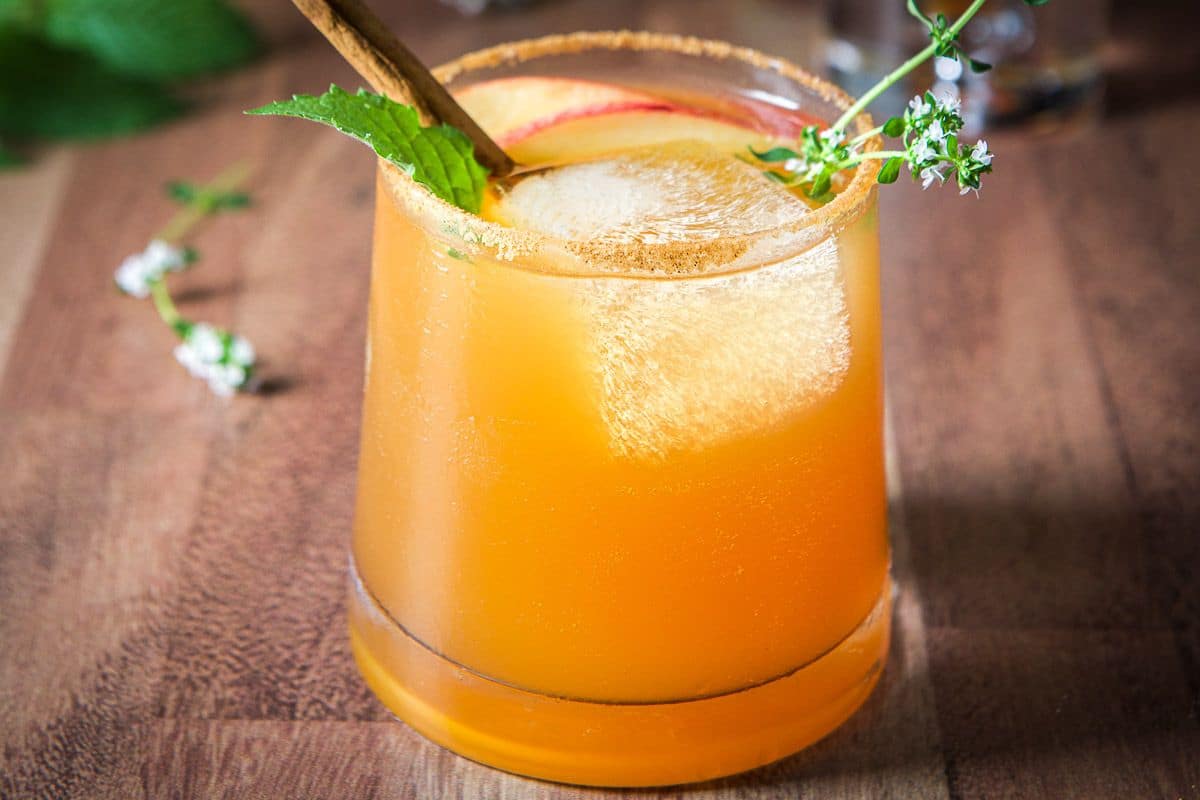 A glass with a sugared rim with the apple cider drink in it along with some herbs and cinnamon stick