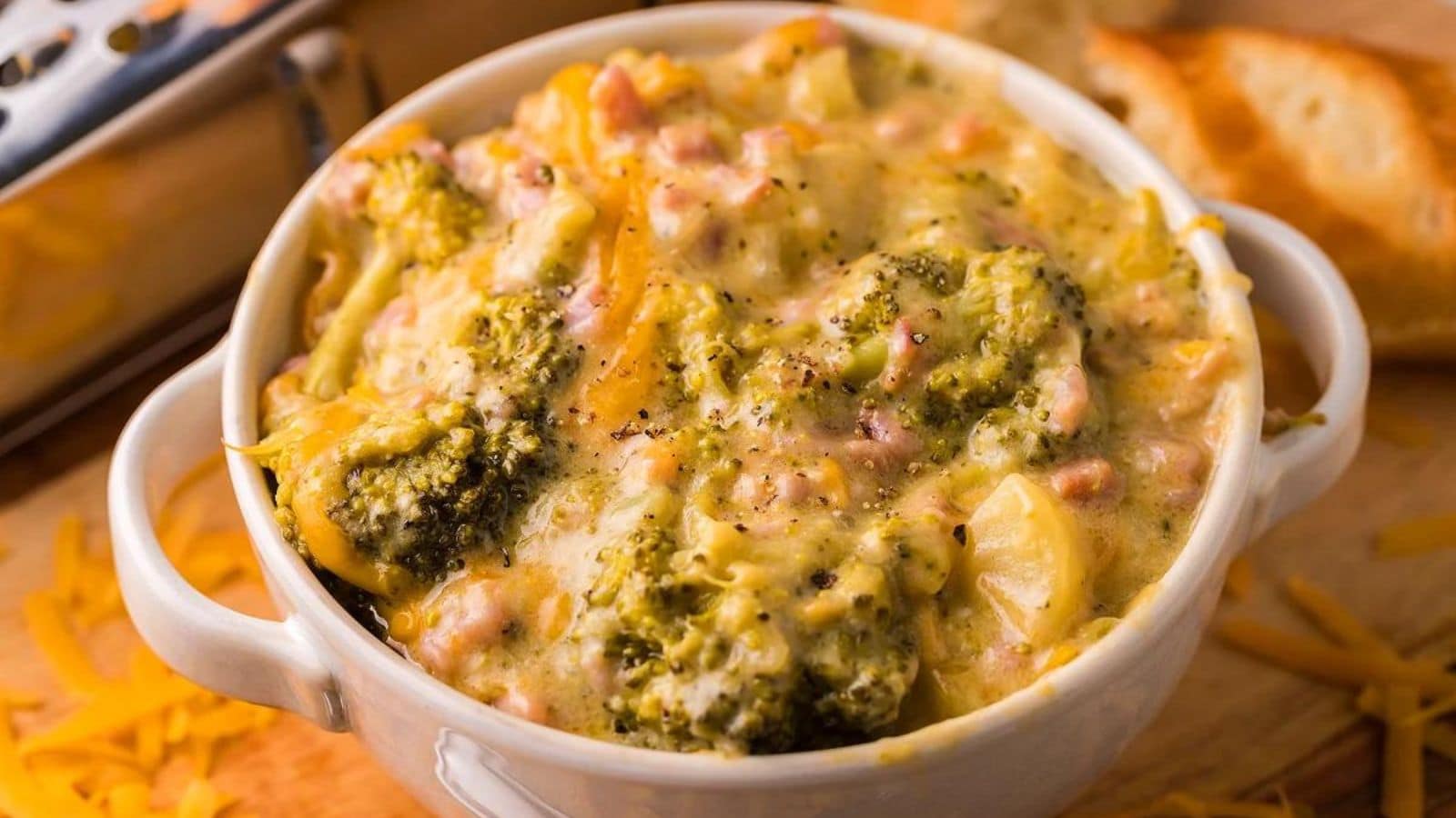 a white crock filled with the ham and broccoli soup