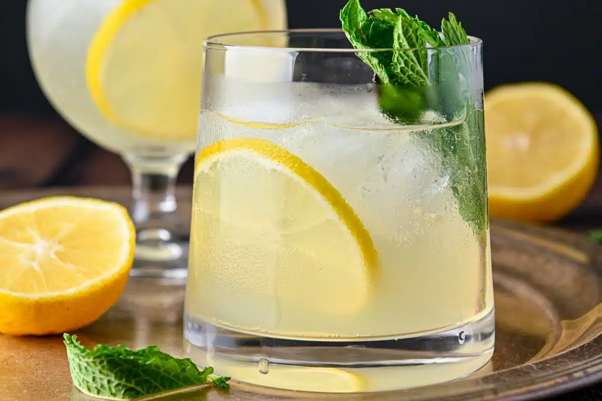 a glass with the lemon cocktail with slices of lemon and mint as garnish. There is more lemons and mint on tray