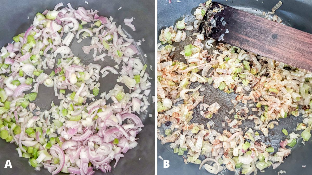 Left - Overhead view of celery and shallots cut, and in a pan. Right - then sauteed with a wooden spatula in it