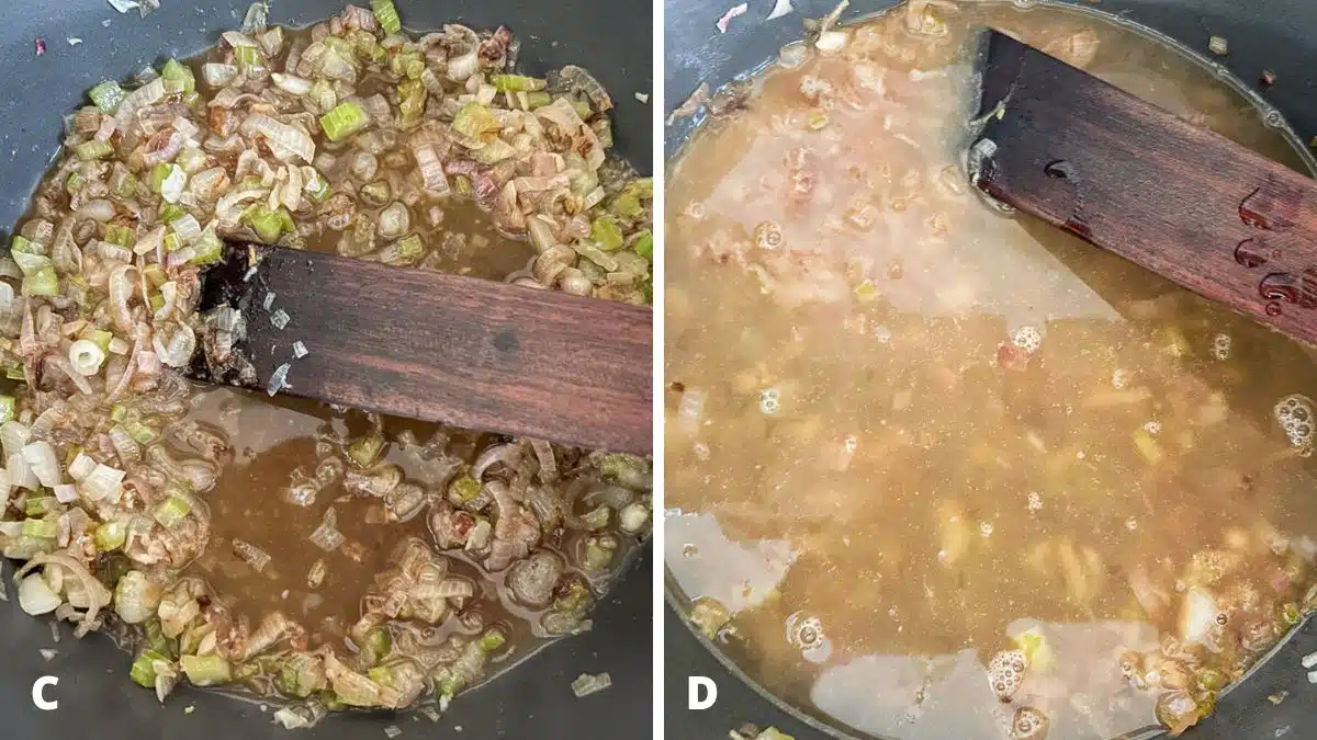 Left: overhead view of sherry and wine added to the shallots and celery. Right: seafood stock added to the pan