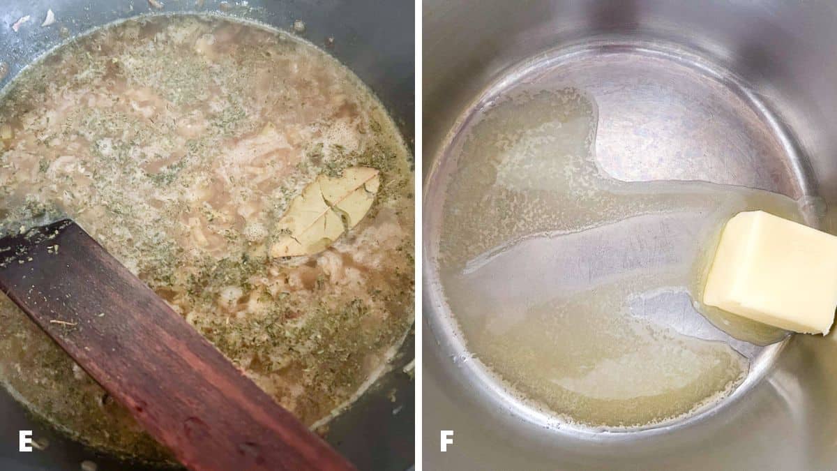 Left - herbs and bay leaf added to the pan with the broth and veggies. Right - butter being melted in a saucepan