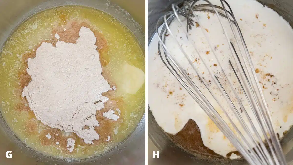Left - flour added to the melted butter in a pan. Right - cream added to the roux once it was thickened