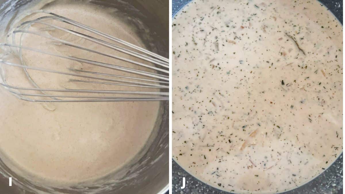 Left - a whisk in the pan with thickened butter, flour, and cream. Right - the roux added to the bisque and stirred to combine