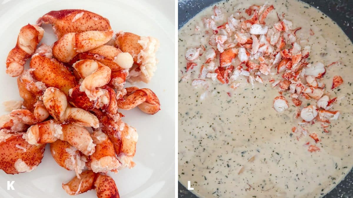 Left - a white plate with cooked lobster meat on it. Right - chopped lobster meat added to the bisque
