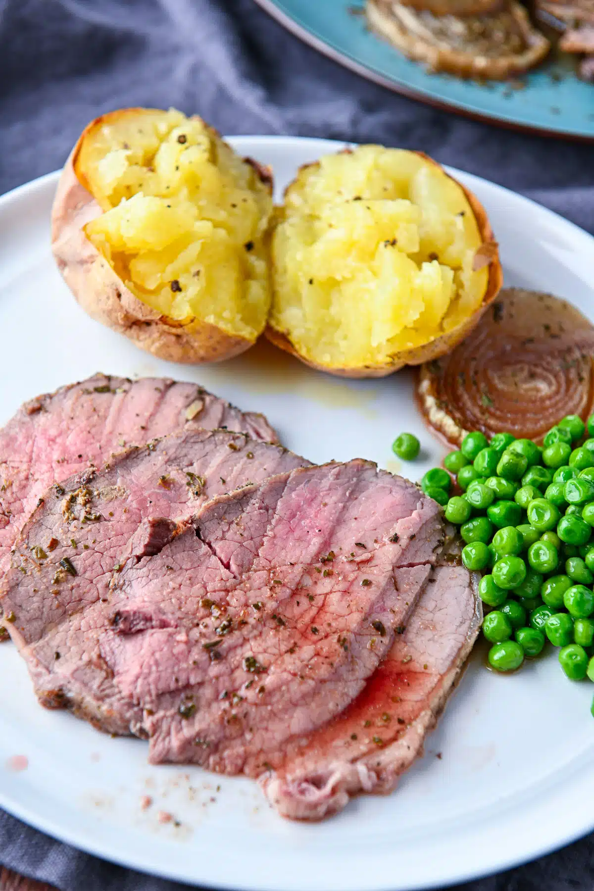 Close view of a plate of roast beef with vegetables