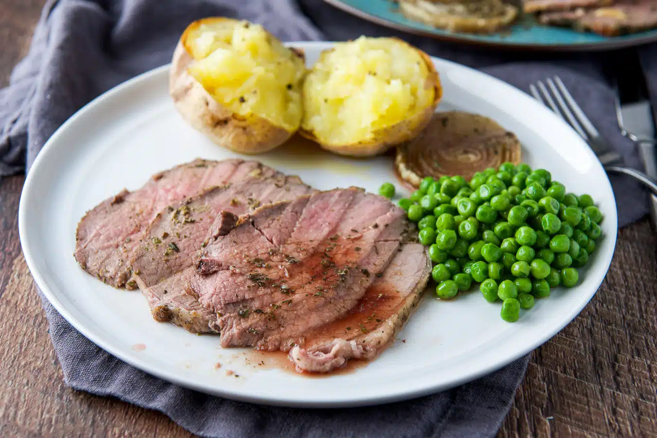 A white plate with three slices of beef with peas and a baked potato - horizontal