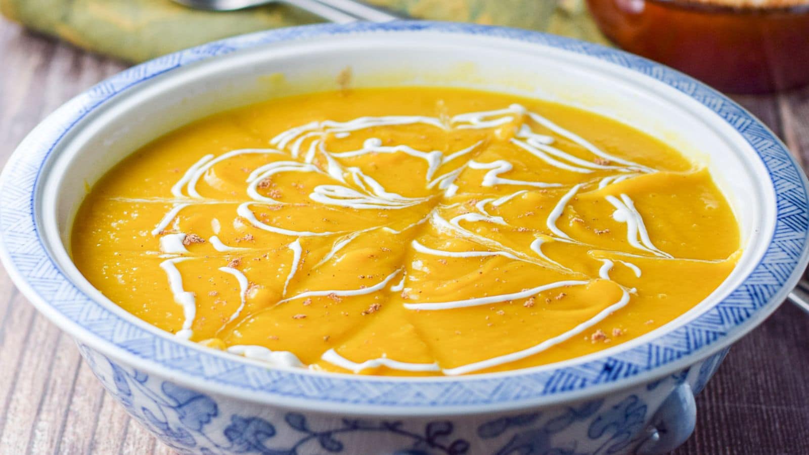 Blue bowl filled with the squash soup