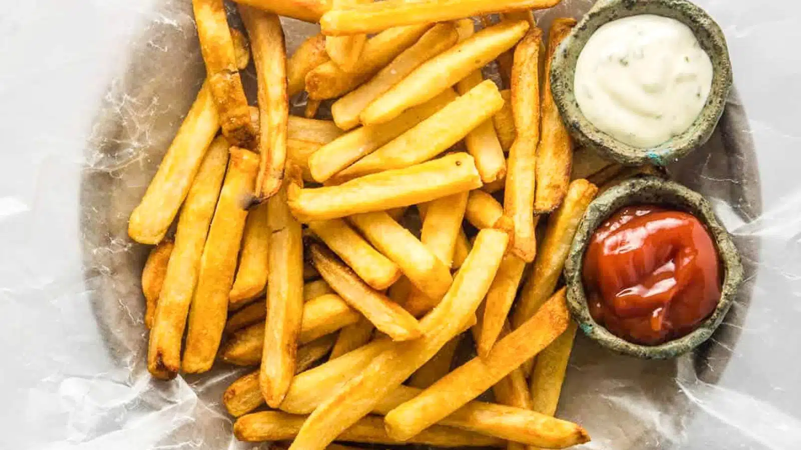 french fries on wax paper with ketchup and a dipping sauce