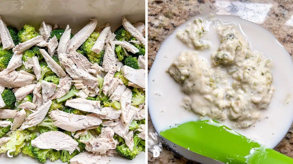 Left: chicken laid on the broccoli in the pan. Right: broccoli soup and milk on a glass bowl