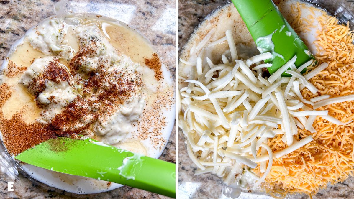 Left: chipotle powder, milk, and cognac in the bowl with the soup. Right: cheeses added to the bowl