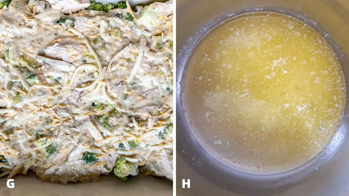 Left: the soup mixture spread on the chicken and broccoli. Right: melted butter in a sauce pan