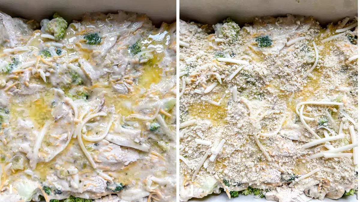 Left: melted butter added to the chicken divan. Right: panko bread crumbs added on the butter
