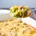 A big spoon with a scoop of chicken, broccoli, cheese, and sauce on it held over the pan - square