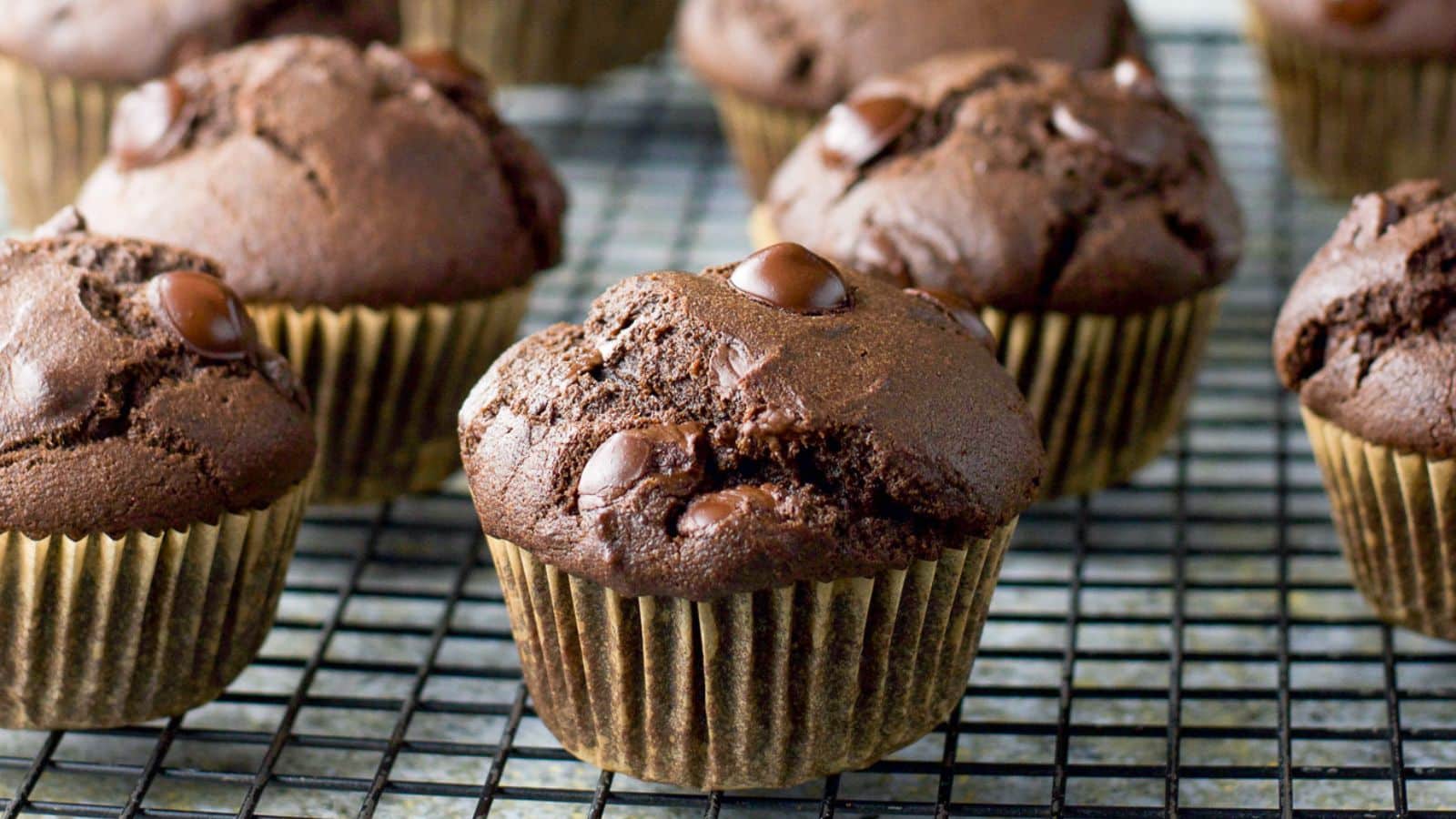 a black wire rack with chocolate muffins on it