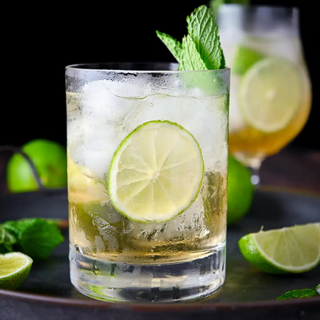 a square photo of a lime cocktail with a lime wheel and mint as garnish. It's on a metal tray with lime wedges and more mint