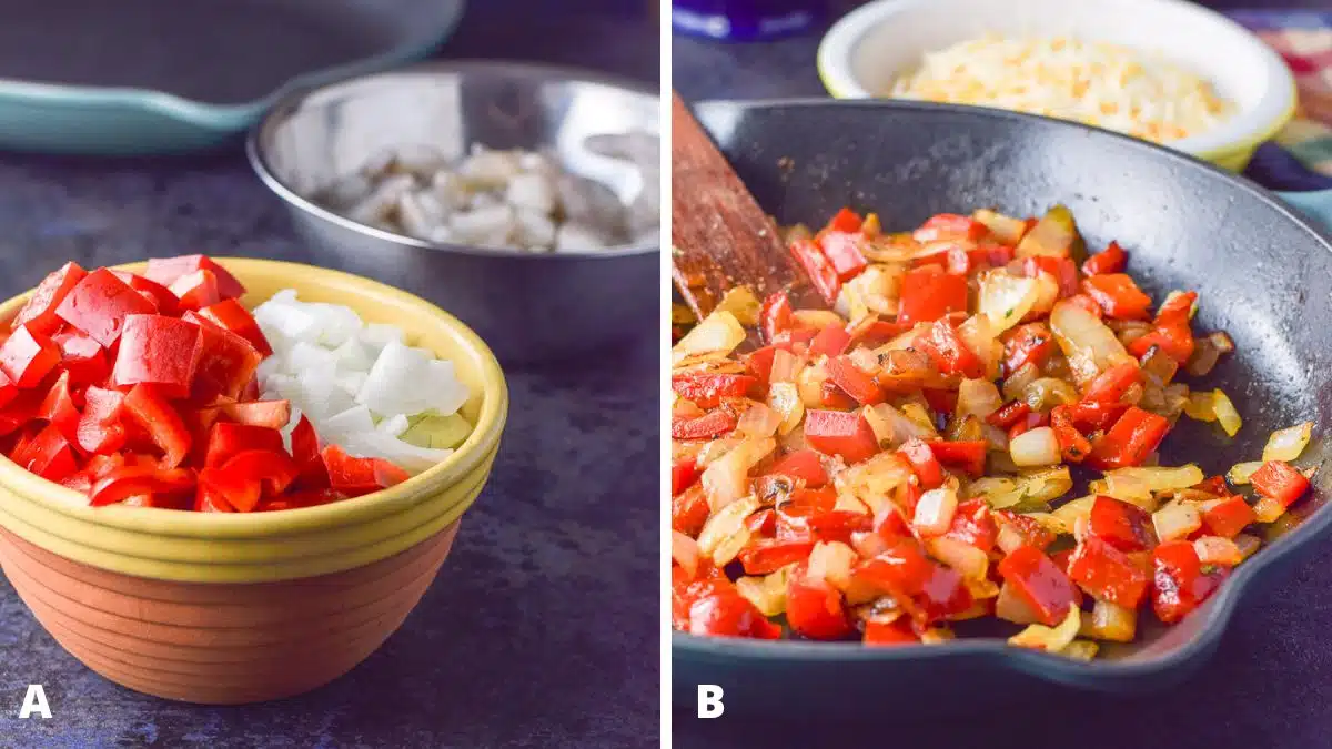 Left - Red bell pepper, and onion cut up and in a bowl with raw shrimp in the back. Right - a cast iron skillet with sauteed onion and pepper in it with cheese in the back