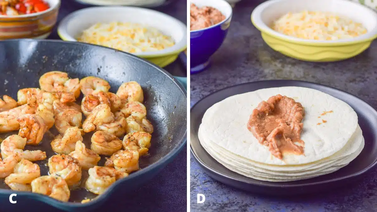 Left - cooked shrimp in a skillet with cheese and veggie in the back. Right - black plate with a stack of tortillas, one with refried beans on it with more behind along with cheese