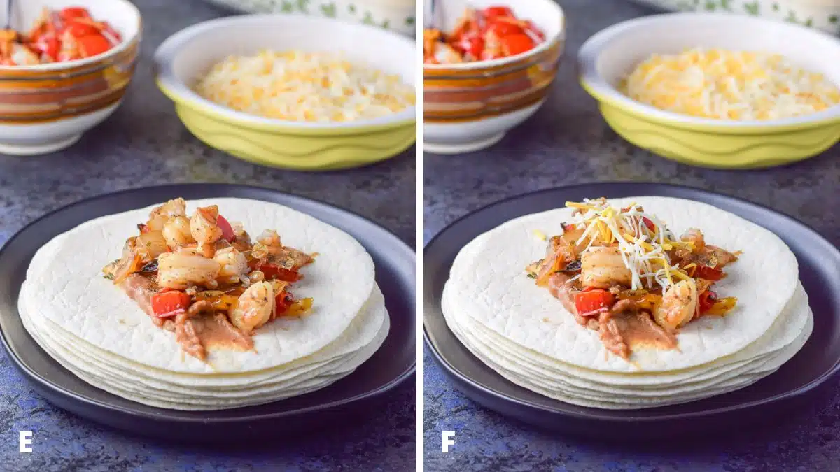 Vegetable and shrimp on a tortilla on the left and shredded cheese on top. There is also veggies and cheese in separate bowls