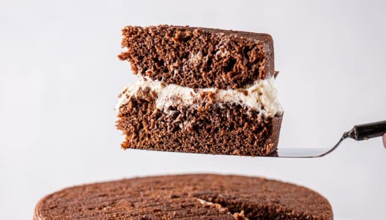 A cake cutter with a piece of the layered chocolate cake held over the rest of the cake