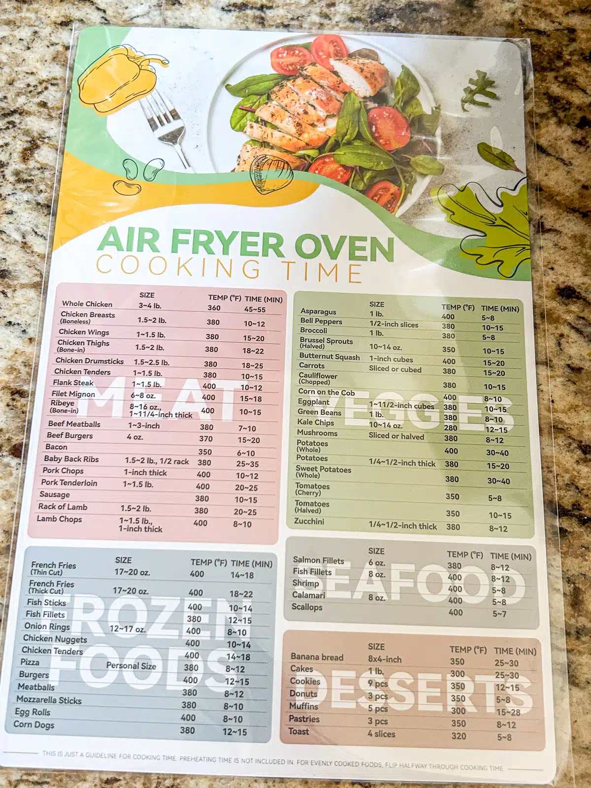 A magnet with lots of cooking times for the Taotronics air fryer