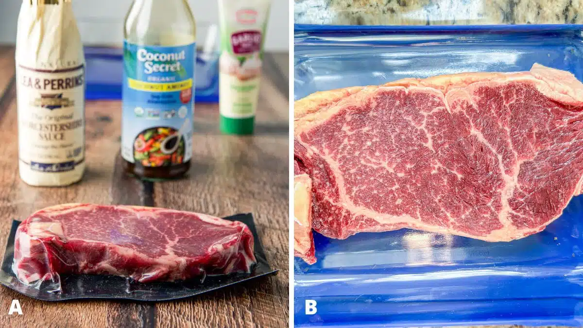 Left: steak in plastic, Worcestershire sauce, coconut aminos, and garlic powder. Right: steak in a glass container