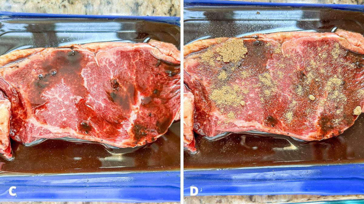 Left: coconut aminos, and Worcestershire sauce on the steak. Right: cumin added to the steak