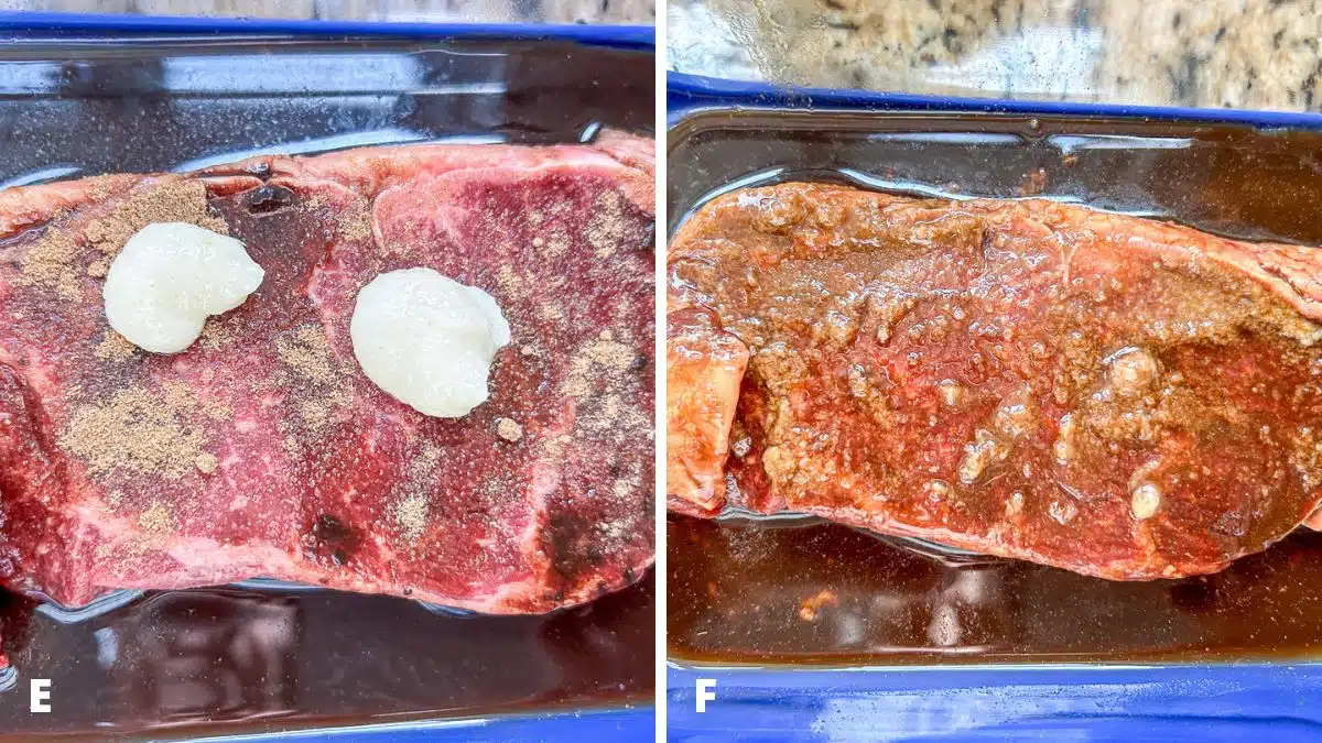 Left: Garlic paste on the steak. Right: all the ingredients mixed on the steak, ready to marinate