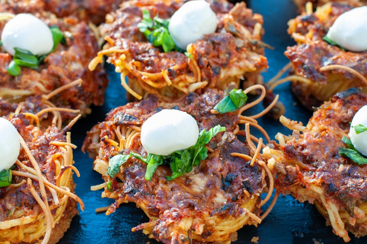 pasta nests with a dollop of cheese on top