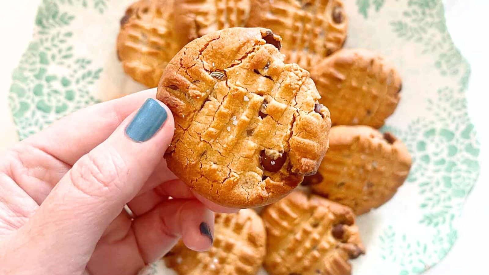 A hand with blue fingernail polish holding a peanut butter and chocolate chip cookie held over the plate of cookies