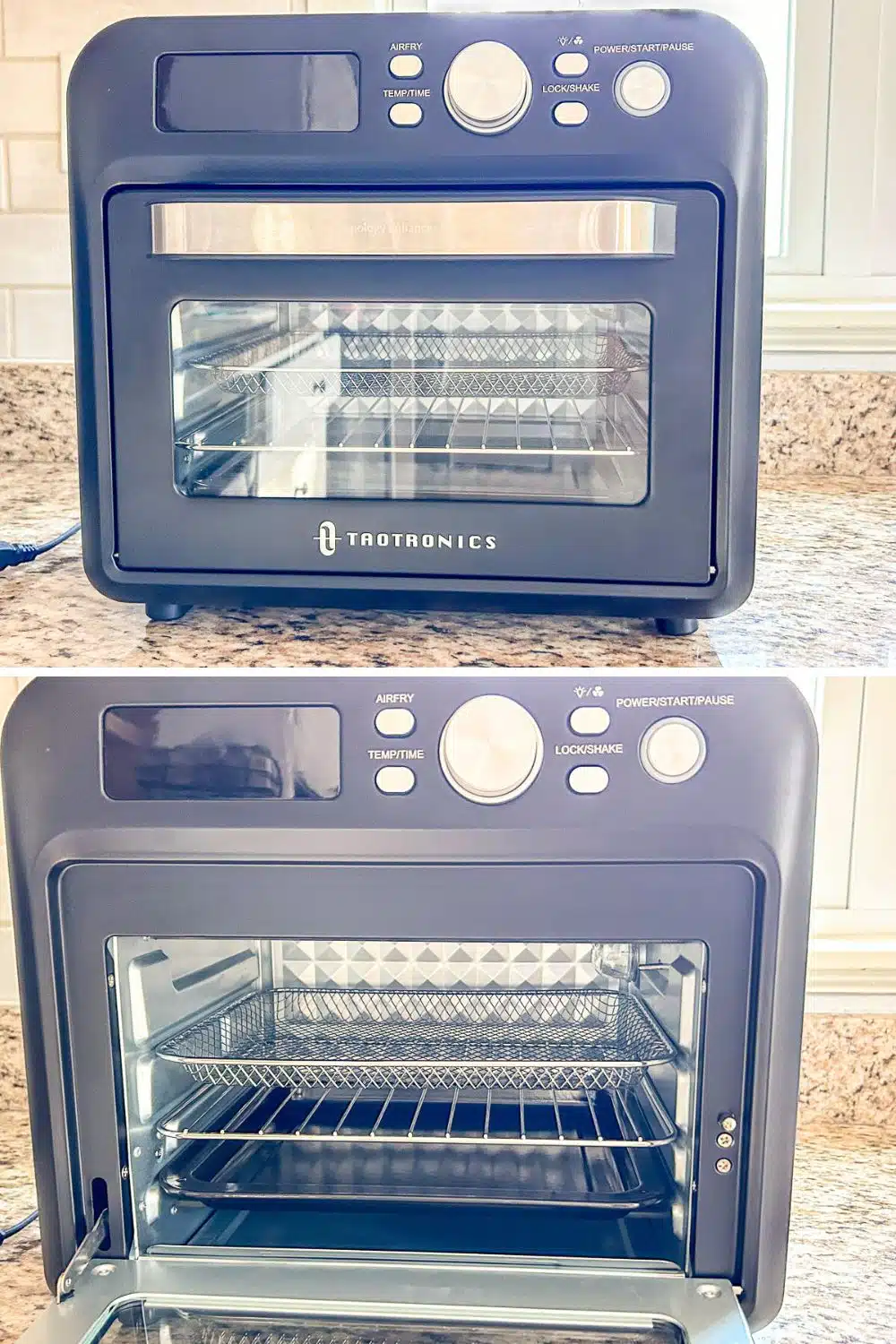 Two photos, one of the air fryer with the door closed and the second with the door open with all the trays
